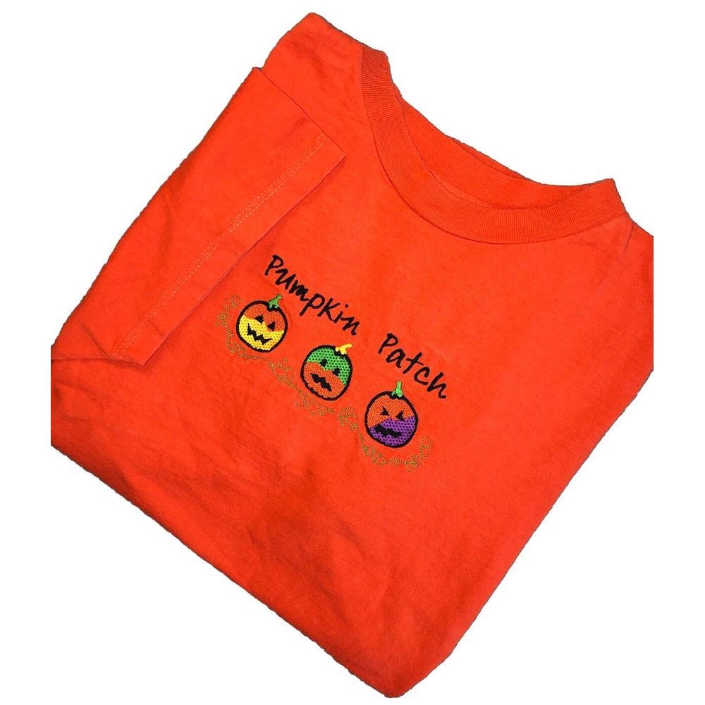 All American Apparel Y2K Orange Halloween  Embroidered Pumpkin Patch‎ T-shirt XL